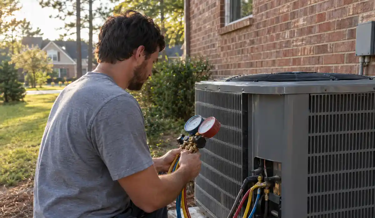 Technician holding refrigerant gauges connected to an outdoor AC unit