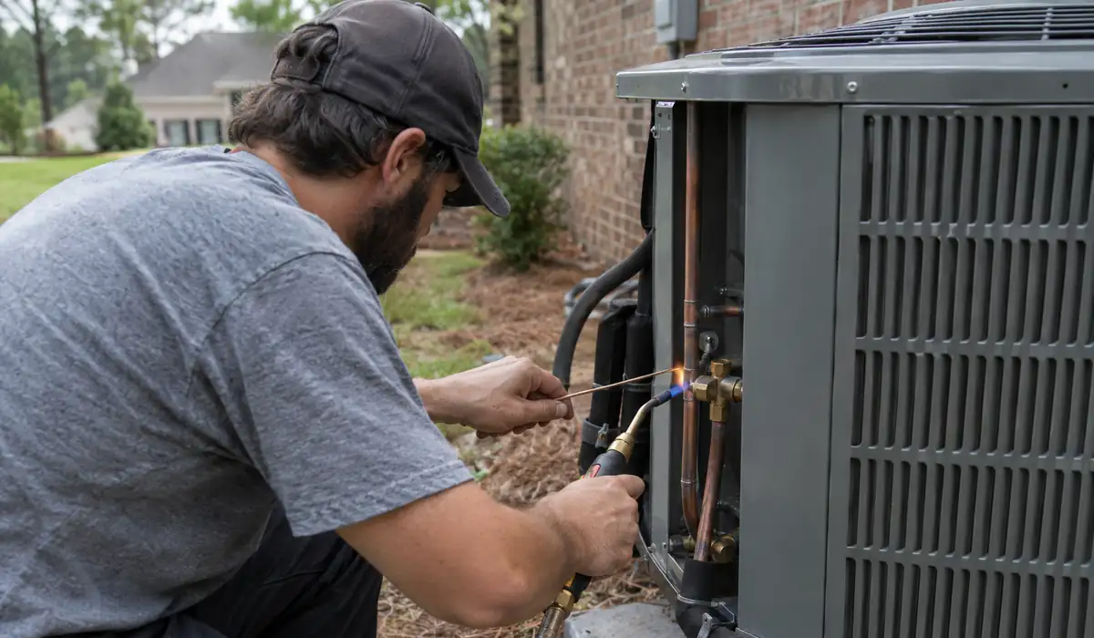 Technician connecting refrigerant lines to a new outdoor AC unit