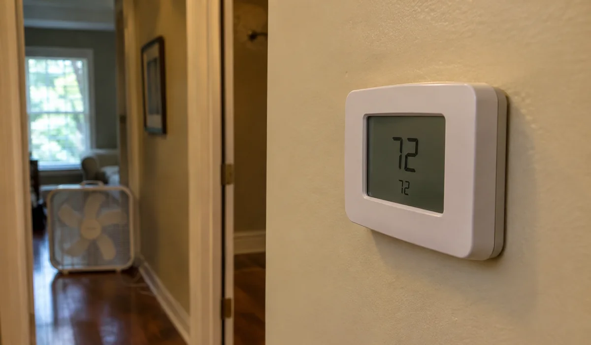 Thermostat on a hallway wall showing a high indoor temperature