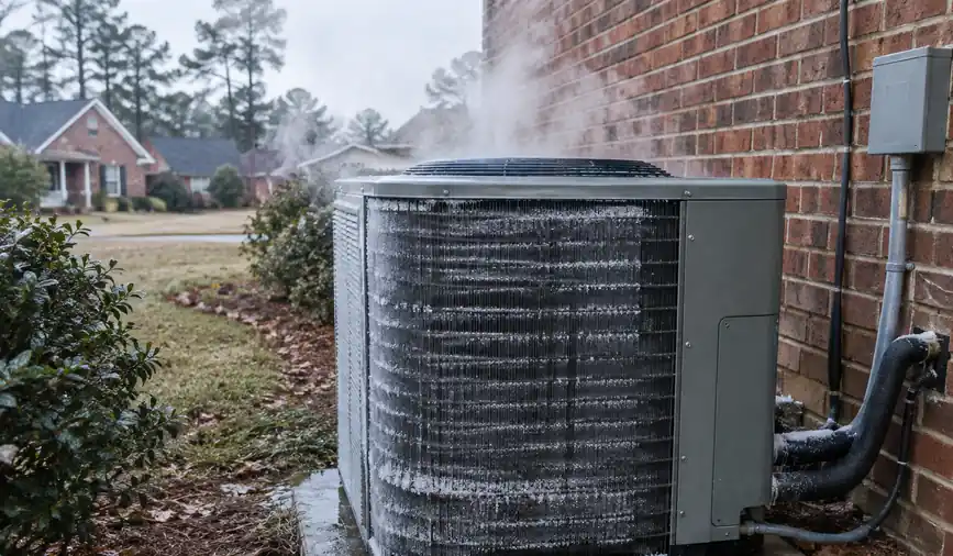 Outdoor heat pump unit with light frost on the coil on a winter morning