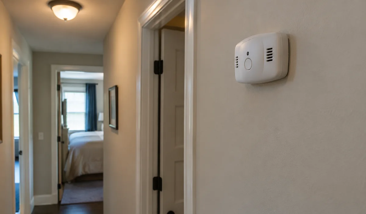 Carbon monoxide alarm mounted on a hallway wall near bedrooms