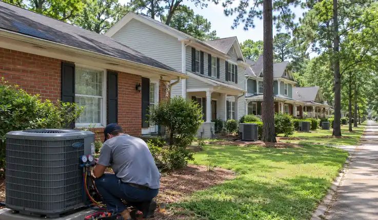 Row of rental houses with outdoor AC units near a college campus