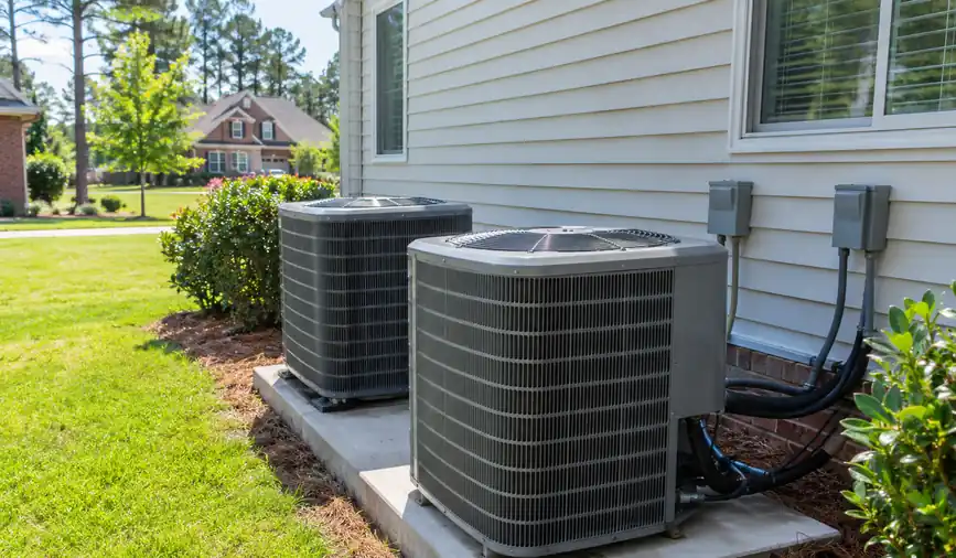 Two outdoor AC condensers on a concrete pad beside a two-story home in Cobb County