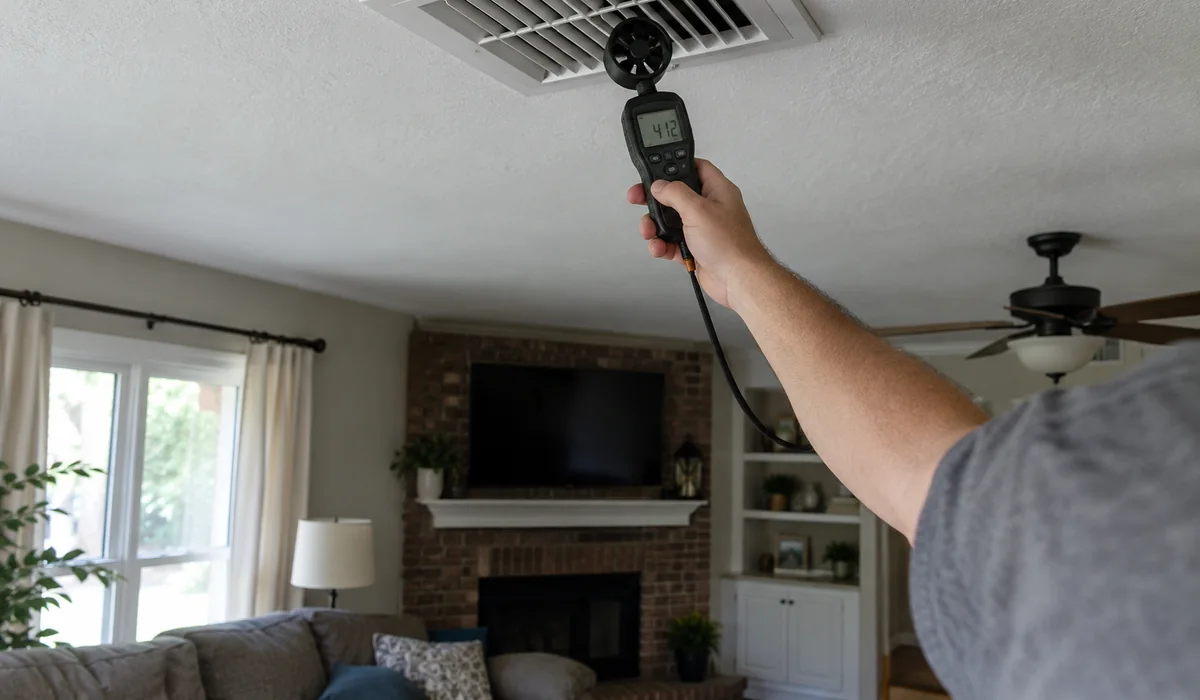 Technician checking airflow at a ceiling supply vent with a handheld meter