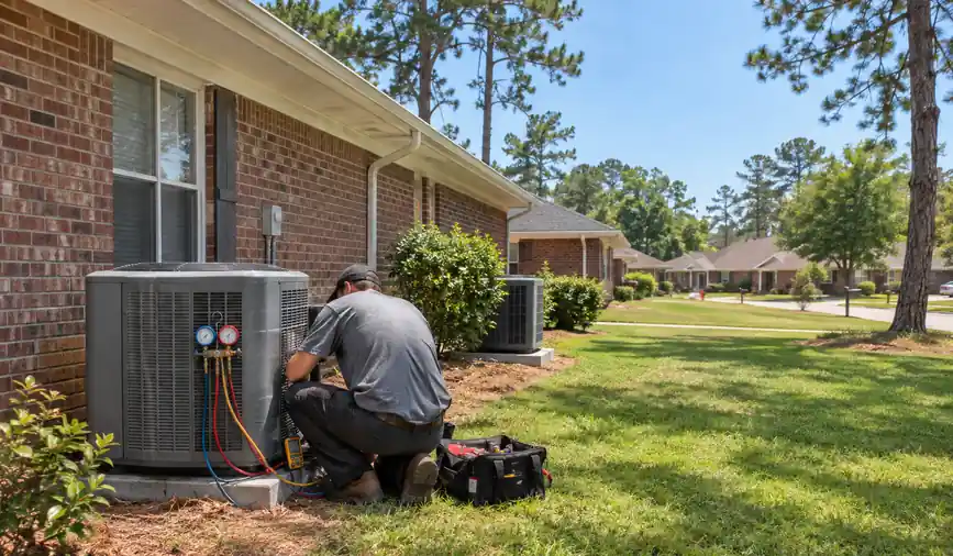 Suburban street of single-story homes with outdoor AC units in Middle Georgia